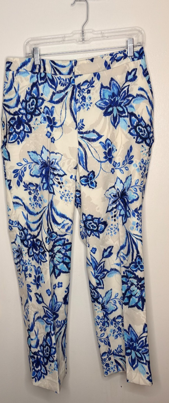 NWT New York & Company Women's Blue White Floral Resort Pants Zip Front Size L